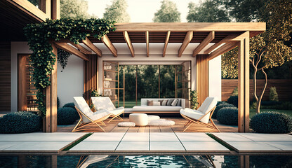 Outdoor interior living room in the garden with couch, cushions and seats, minimal concepts, open outside space zone for activities, backyard scene, Modern design background with Generative AI.