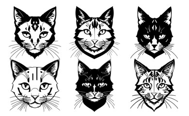 Set of cat heads with different calm expressions of the muzzle. Symbols for tattoo, emblem or logo, isolated on a white background.