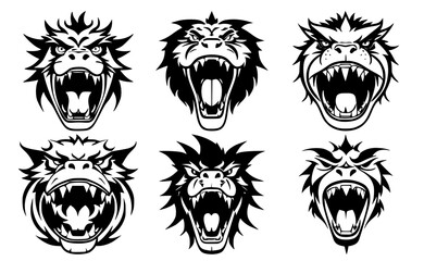 Set of China dragon heads with open mouth and bared fangs, with different angry expressions of the muzzle. Symbols for tattoo, emblem or logo, isolated on a white background.