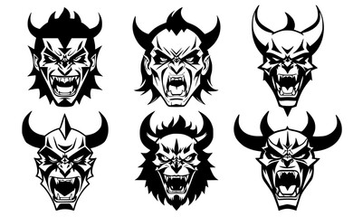 Obraz premium Set of horned devil heads with open mouth and bared teeth, with different angry expressions of the muzzle. Symbols for tattoo, emblem or logo, isolated on a white background.