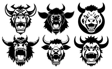 Set of horned cow heads with open mouth and bared fangs, with different angry expressions of the muzzle. Symbols for tattoo, emblem or logo, isolated on a white background.