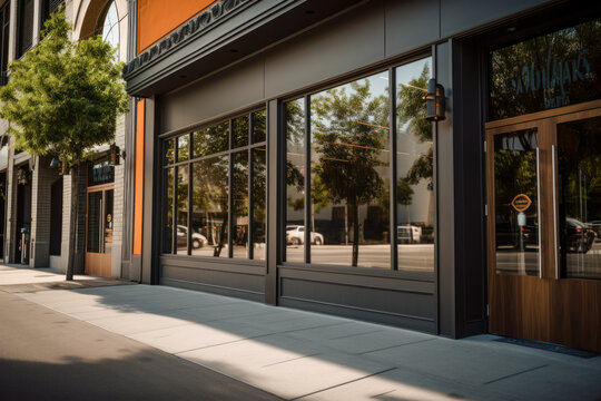 Contemporary Urban Storefront With Large Windows. Street View In Daylight. Generative AI.