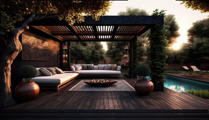 Outdoor interior living room in the garden with couch, cushions and seats, minimal concepts, open outside space zone for activities, backyard scene, Modern design background with Generative AI.