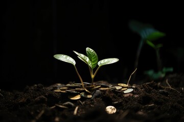 A Small plant coming out of a pile of coins. Generative AI.