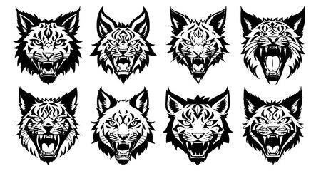 Set of lynx heads with open mouth and bared fangs, with different angry expressions of the muzzle. Symbols for tattoo, emblem or logo, isolated on a white background. © Aleksei Solovev