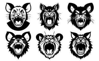 Set of mouse heads with open mouth and bared fangs, with different angry expressions of the muzzle. Symbols for tattoo, emblem or logo, isolated on a white background.