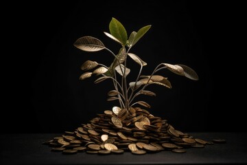 Fototapeta na wymiar A plant coming out of a pile of coins. Generative AI.