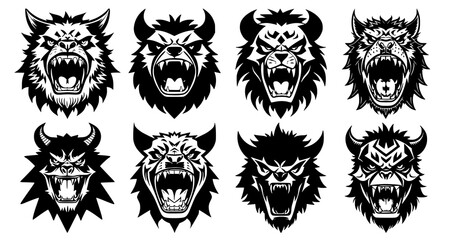 Fototapeta premium Set of horned monster heads with open mouth and bared fangs, with different angry expressions of the muzzle. Symbols for tattoo, emblem or logo, isolated on a white background.