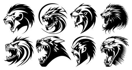 Set of predator heads with open mouth and bared fangs, with different angry expressions of the muzzle. Symbols for tattoo, emblem or logo, isolated on a white background.