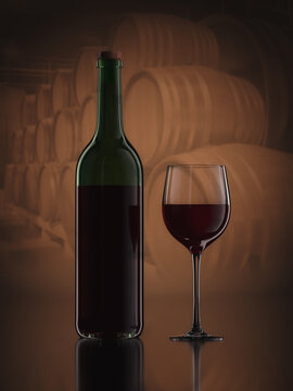 Traditional red wine bottle and glass with vintage winery background, 3d render