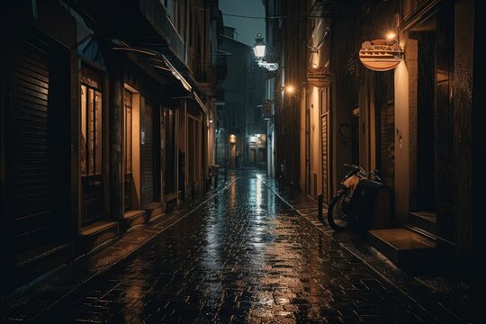 A moody atmospheric image of a narrow street way. Generative AI.