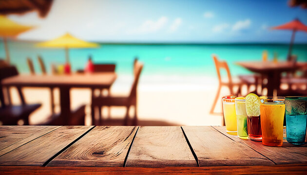 Wooden table and glasses with cocktails in the foreground and soft focus summer beach and a bar in the blurred background (tropical resort banner as a tropical holiday concept), generative AI