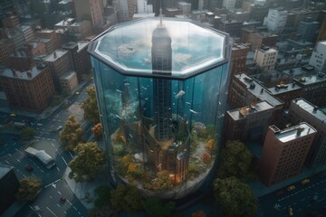 Fish tank is shaped like a tower. Generative AI.