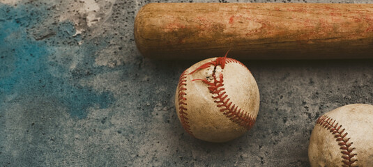 Baseball used balls on texture banner background for sports competition with copy space.