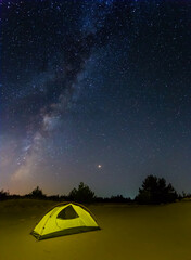 small touristic tent stay among sandy desert under starry sky, night travel camp scene