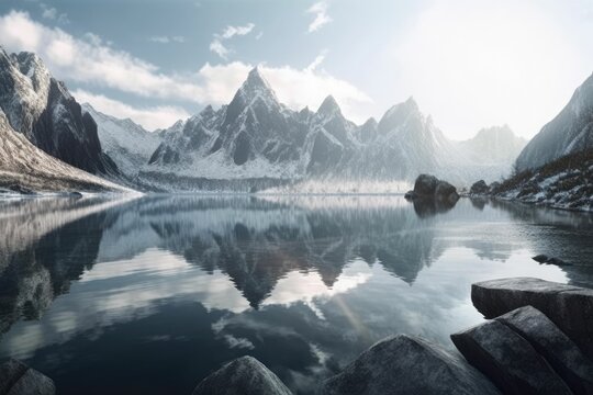 Snowy lake in the mountains in the morning. Generative AI.