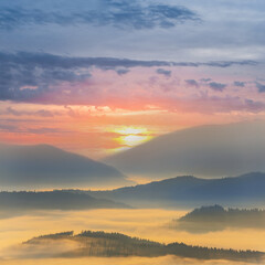 mountain valley in dense mist at the sunrise, early morning mountain landscape
