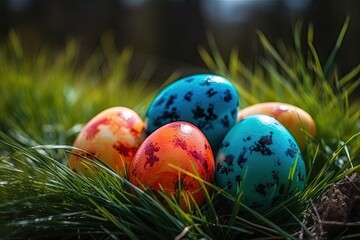 Fototapeta na wymiar colorful Easter eggs in a grassy field. Generative AI