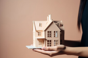 Fototapeta na wymiar A woman holding a small model house in her hands. Real estate and insurance concept. Generative ai