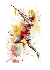 Javelin throw watercolor abstract illustration. One of the branches of athletics is the javelin throw. Colorful paint splatter javelin action, isolated on white background. AI generated illustration. - obrazy, fototapety, plakaty