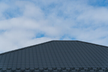Fototapeta na wymiar The roof is made of black metal tiles. Roof metal sheets