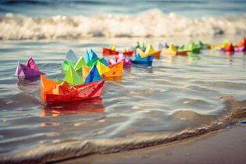 Colorful paper boats on the beach. Generative AI.
