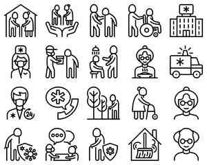 Nursing home for elderly people thin line icons set. Assisted living for disabled, volunteers help and support. Long-term service. Vector illustration.