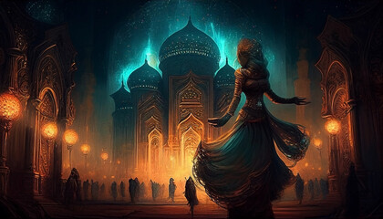 Fototapeta na wymiar illustration of one night in Persia, dancing, mosque of Persia. (AI generated)