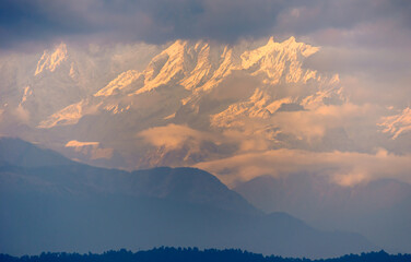 Landscape View of The Majestic Kangchenjunga, the third-highest mountain in the world.  Selective Focus is used.