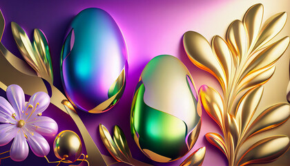 Holographic Happy Easter banner with bright colorful holographic Easter eggs and flowers, generative AI