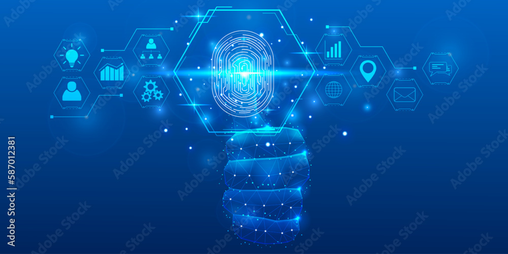 Poster Abstract digital low poly hand use fingerprint to release business technology system concept. Online multimedia symbol data connection vector.