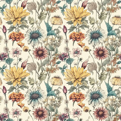 Generative AI - Seamless pattern design of vintage wildflowers for wallpaper background