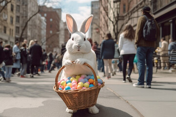 Generative AI - Easter bunny walking on busy shopping street