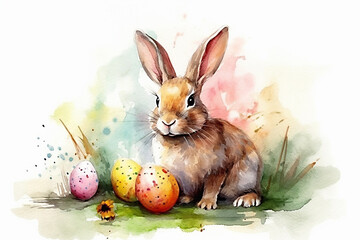 Generative AI - Water color sketch of a cute bunny with easter eggs