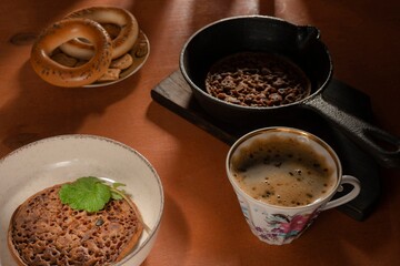 Delicious pancakes- morning breakfast table. Still life - dark photo style. Culinary background - tasty food