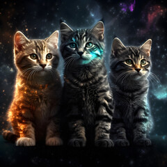 Portrait of three little cats at night. Adorable pets.