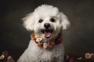 Bichon Frise pup. The Bichon Frize is snarling at the dog pouf. Generative AI