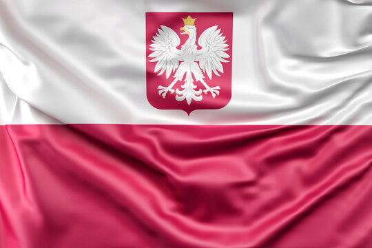 Ruffled Flag of Poland with coat of arms. 3D Rendering