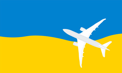 Ukraine travel concept. Airplane with clouds on the background of the flag of Ukraine. Vector illustration