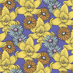 Seamless pattern with daffodils and daisies
