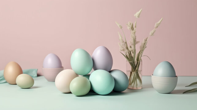 Decorative multicolor easter eggs on pastel color background
