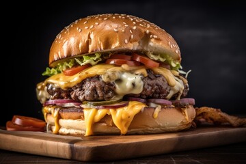 Cheeseburger, including the type of bun, meat patty, cheese, sauce, and toppings, AI generated