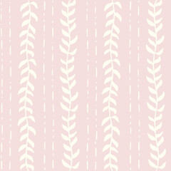 Seamless vector pattern white leaves on vines on a pink background. textile, wallpaper, home decor