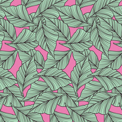 Seamless pattern with tropical leaves on pink background. Vector illustration
