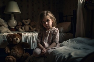 Sad little girl sits alone in her bedroom, clutching a teddy bear to her chest, AI generated