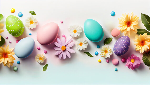 Easter background with Easter eggs in pastel colors and flowers on a light pink and blue background, top view, generative AI