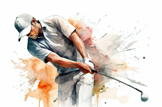 Watercolor abstract illustration of golf. Golfer in action with colorful paint splash, isolated on white background. AI generated illustration.