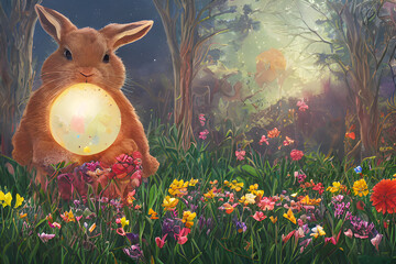 Easter bunny holding glowing egg in night forest created with Generative AI technology