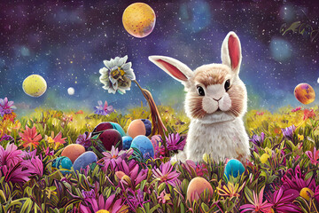 Easter bunny on the flower field at night created with Generative AI technology