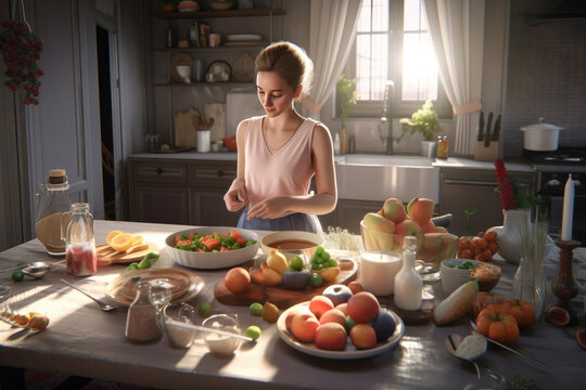 Beautiful woman preparing food at kitchen, generative AI